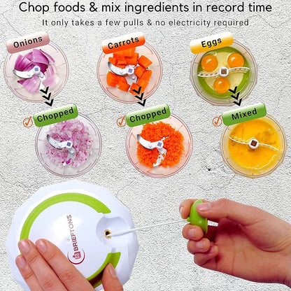 Brieftons QuickPull Manual Food Chopper: Large 4-Cup Powerful Hand Pull Chopper/Mincer/Mixer Blender to Chop Onion, Garlic, Vegetables, Fruits, Herbs for Salsa, Salad, Pesto, Puree, Indian Cooking