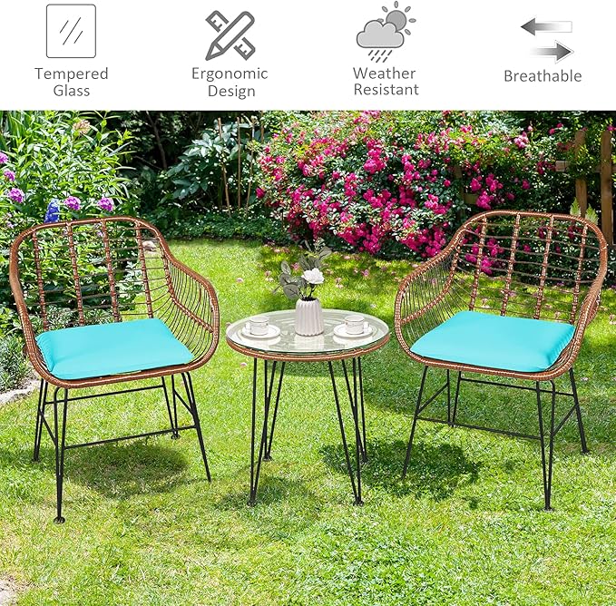 Tangkula 3 Pieces Patio Conversation Bistro Set, Outdoor Wicker Furniture