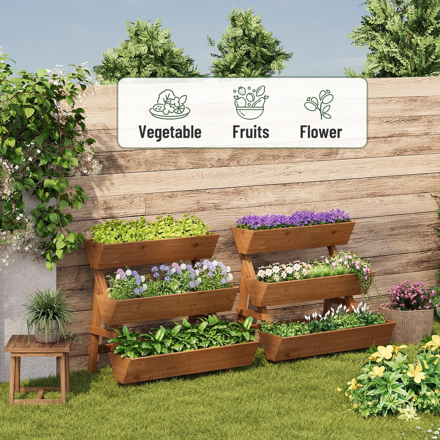 Vertical Wooden Raised Garden Bed, Garden Planters Freestanding Wood Plant Stand Flower Rack Wooden Planter Box for Plants Herbs Flowers Vegetables Outdoor Indoor Gardening (3-Tier Large Brown)