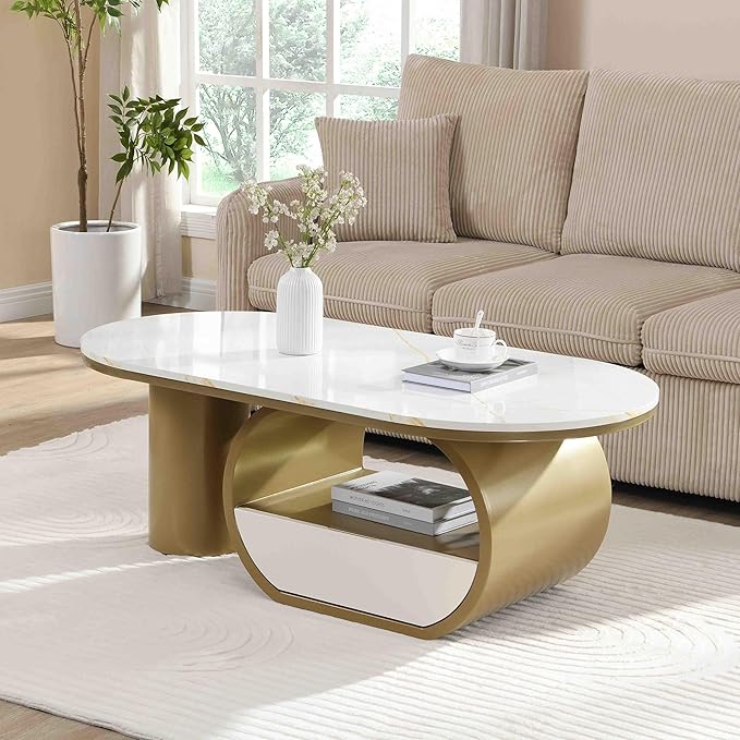 Modern Oval Coffee Table, 47.24" White Faux Marble Coffee Table
