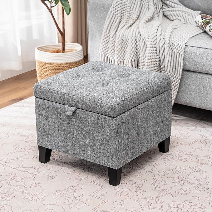 Adeco 18-Inch Cube Storage Ottoman, Upholstered Linen Footrest Stool