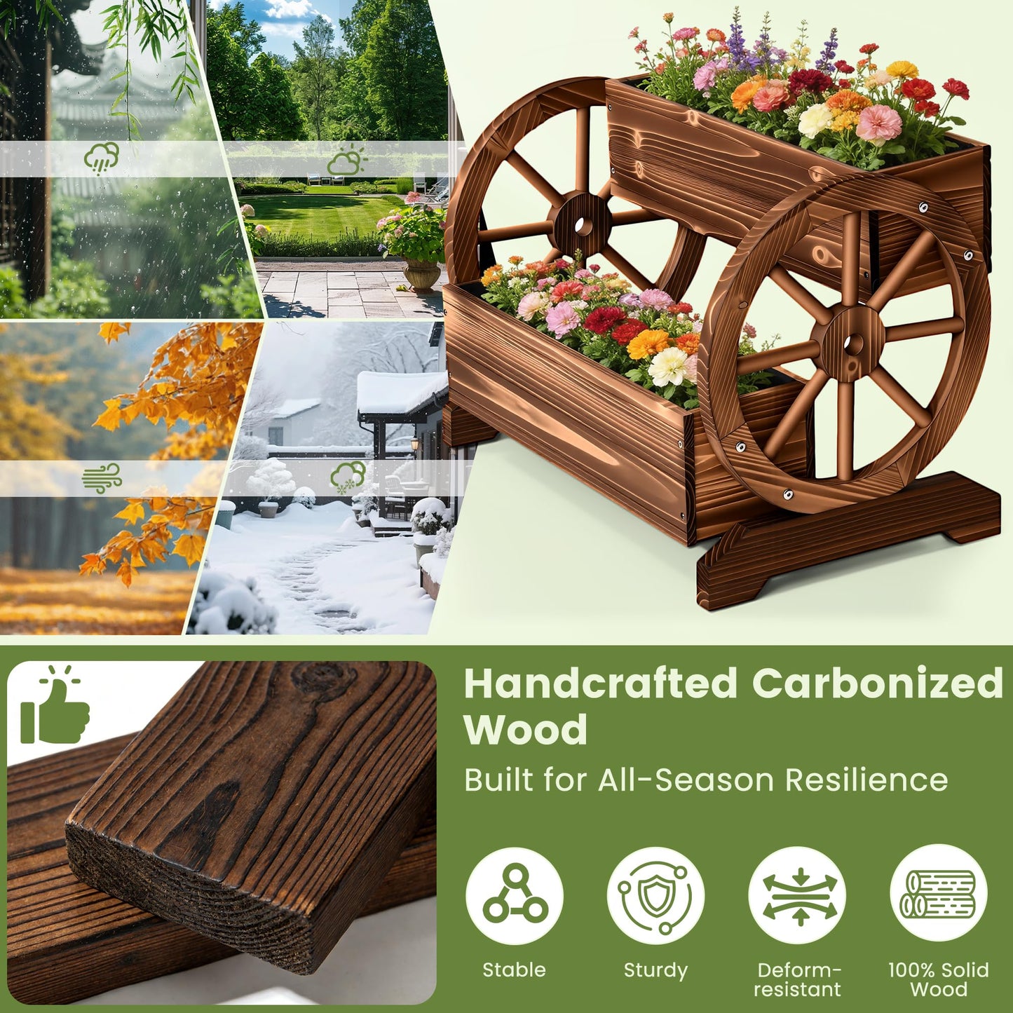 Ultym Wooden Wagon Planter Box, Extra Large 2-Tier Decorative Flower Cart with Wheels, Rustic Wood Planter with Drainage Holes & Non-Woven Liner, Raised Garden Bed for Flowers Herbs Vegetables