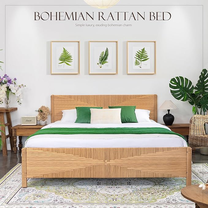 Yechen Hand-Woven PE Rattan King Bed Frame