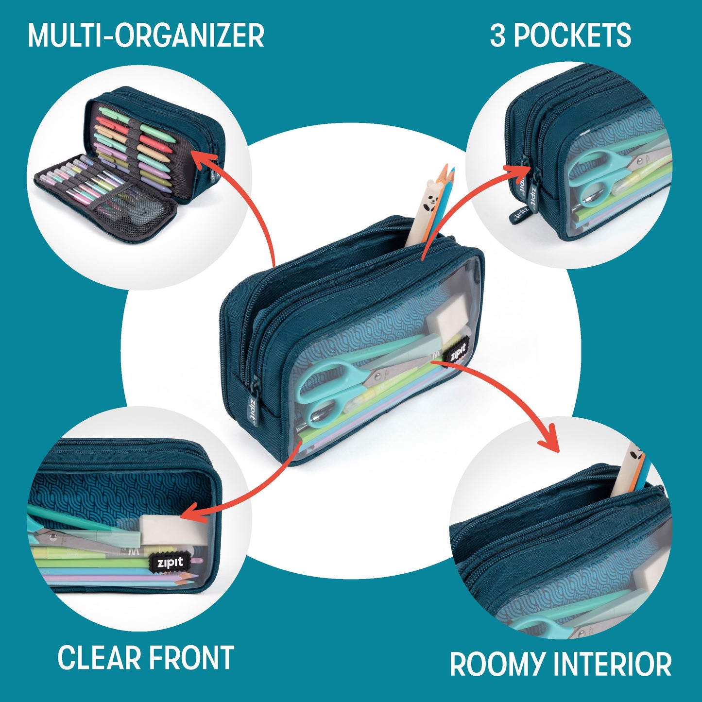 ZIPIT Half & Half Pencil Case, 3 Compartment Zipper Pouch for School, Stationery Bag for Teen Girls Boys and Adults, Teal