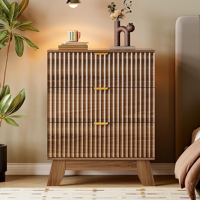 BORNOON Fluted 3 Drawer Dresser, 30.3" Tall Compact Modern Boho Chest of Drawers