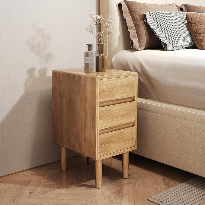 Nightstand with 3 Drawers Narrow Night Stand Solid Wood Bedside Table Mid