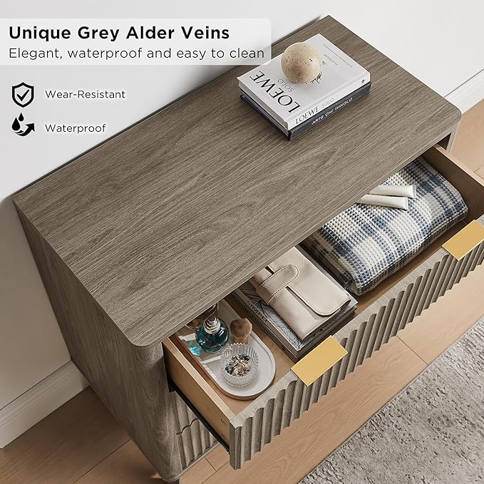 T4TREAM Fluted 3 Drawer Dresser, Curved Profile Design, Wood Drawer Organizer