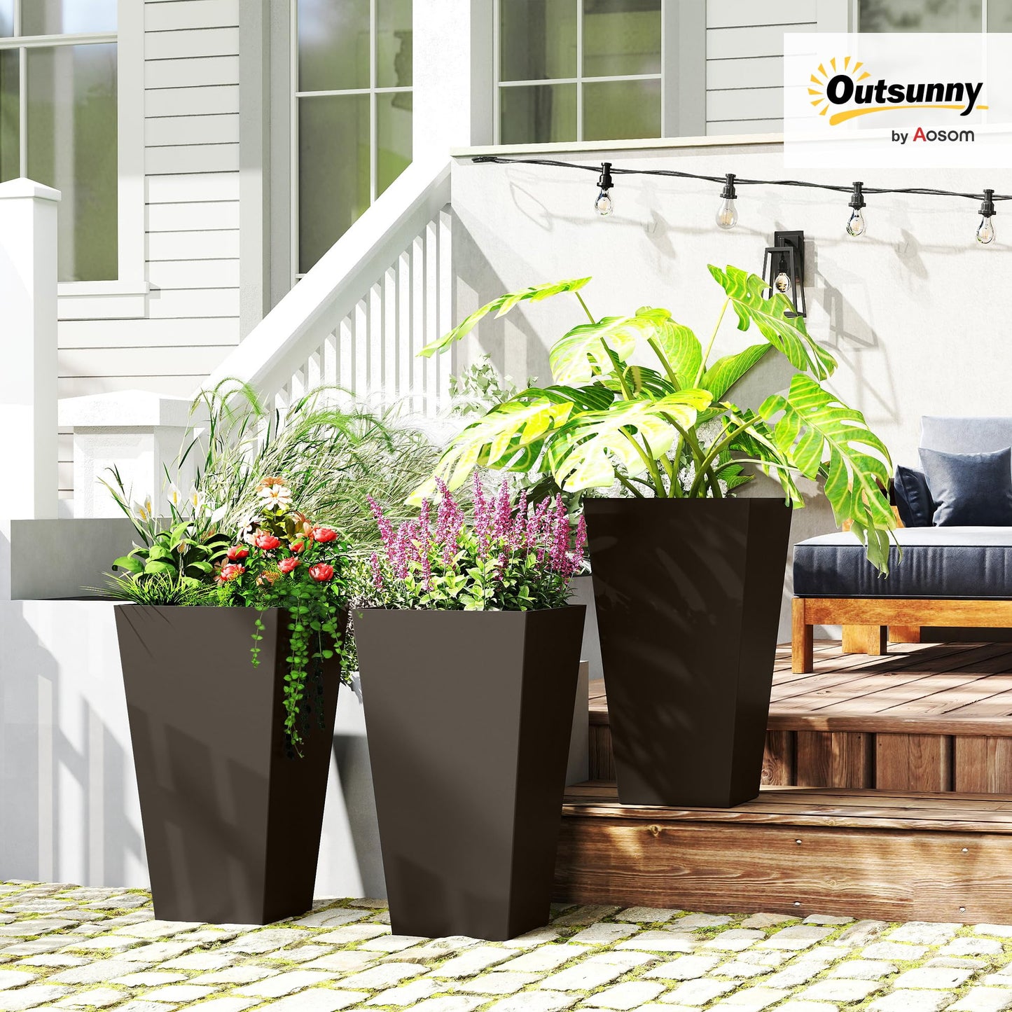 Outsunny Tall Planters for Outdoor Plants Set of 3, 28 in Taper Planters with Drainage Holes, Indoor Grande Plant Pots, Front Porch Decor, Brown