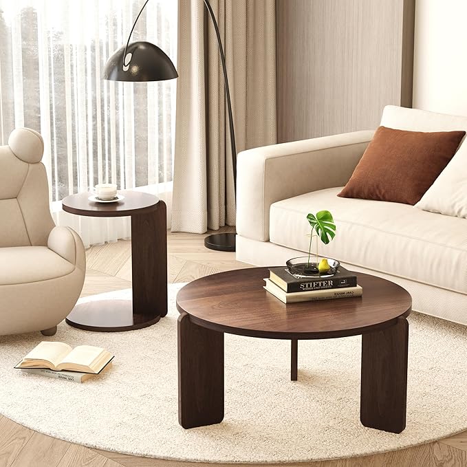 GDFStudio Round Nesting Coffee Table Set of 2, Modern Wooden Accent Side Table