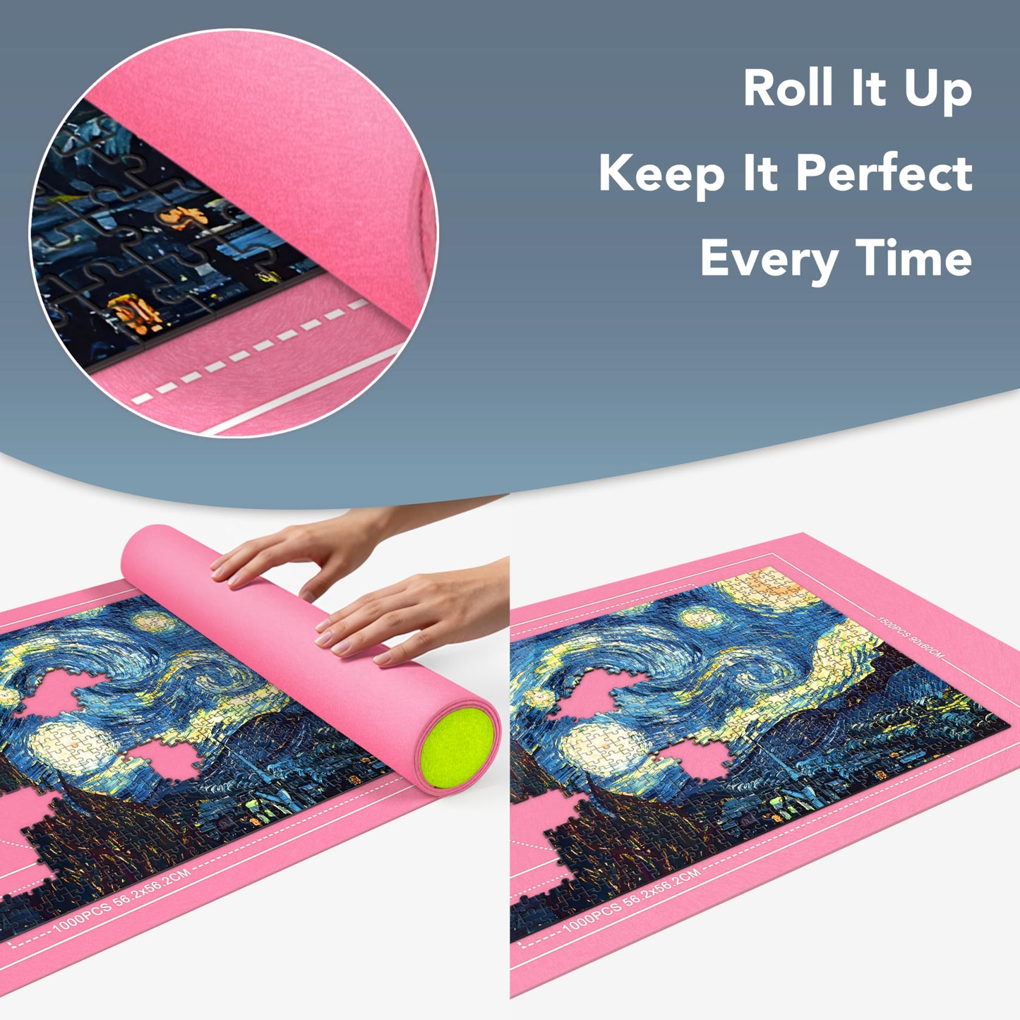 GOECI Portable Jigsaw Puzzle Roll Up Mat Kit - Holds Up to 1500 Pieces, Includes 8 Sorting Trays, Storage Bag & Box for Easy Transport and Crease-Free Storage Pink