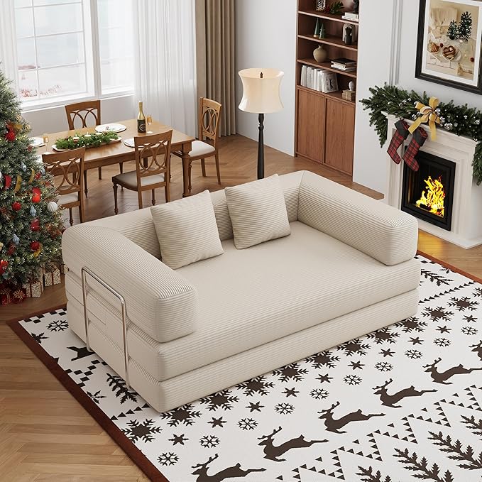 4-in-1 Foldable Sofa Bed Teddy Fabric Foam-Filled Compressed Couch, Beds Queen