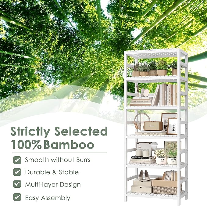 FOTOSOK 6-Tier Bamboo Shelf, Bamboo Bookcase