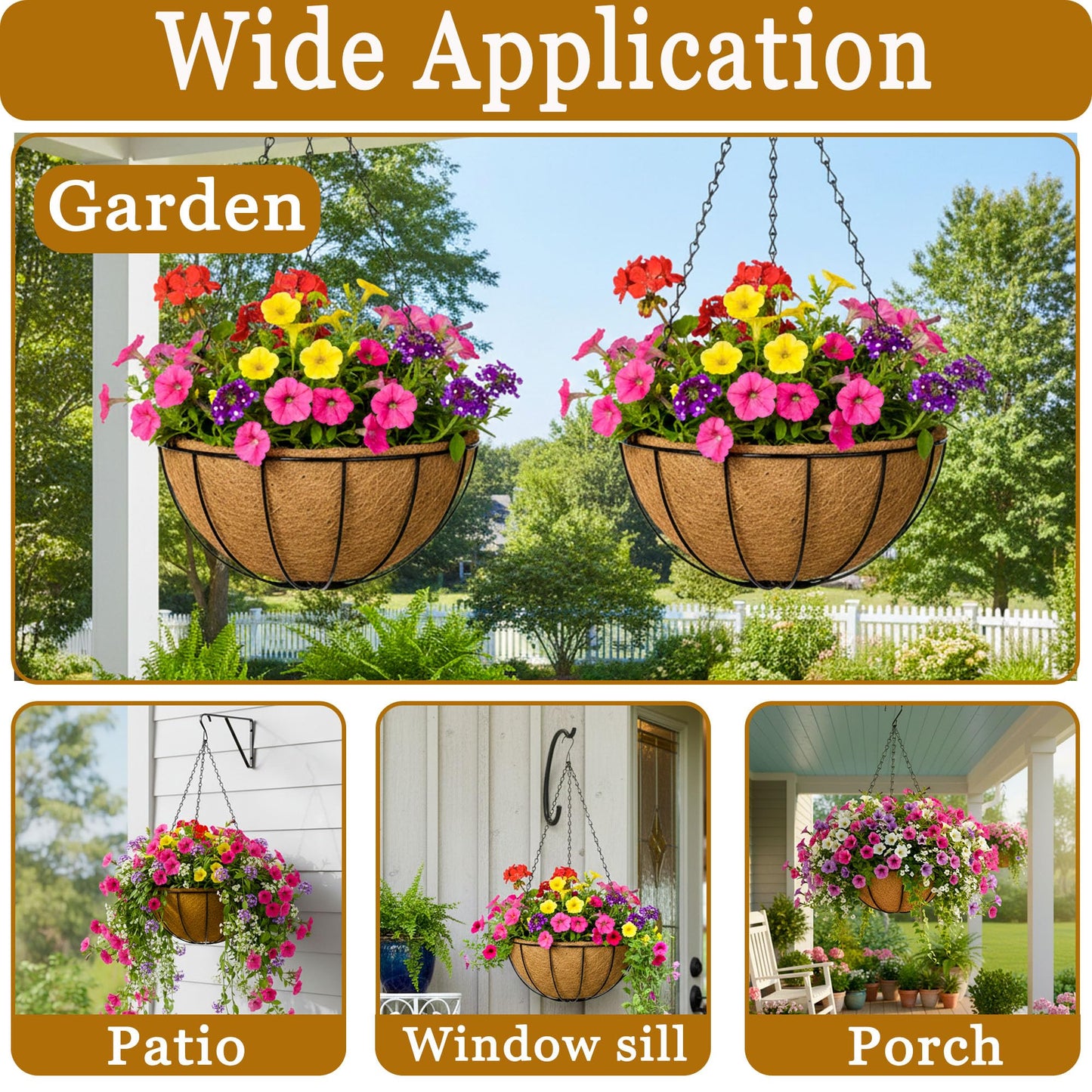 SMYAXUNW 4 Pack Hanging Planters 14 Inch Metal Hanging Planter Basket Flower Pots with Coco Coir Liners Round Wire Plant Holder with Chain for Indoor Outdoor Patio Porch Garden Decoration（XG）