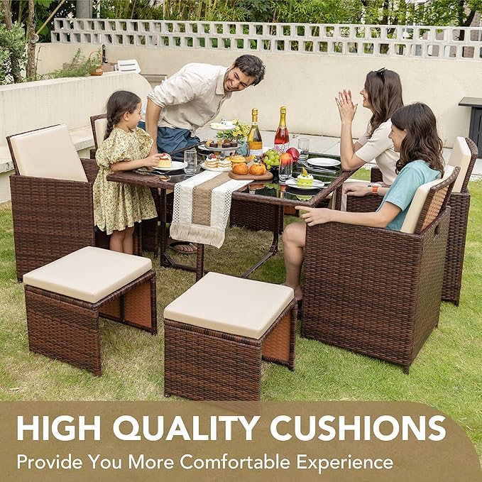 Devoko 9 Pieces Patio Dining Sets Outdoor Space Saving Rattan Chairs