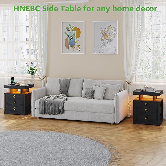 HNEBC Nightstand with Gun Drawers, LED Farmhouse Night Stand with Charging