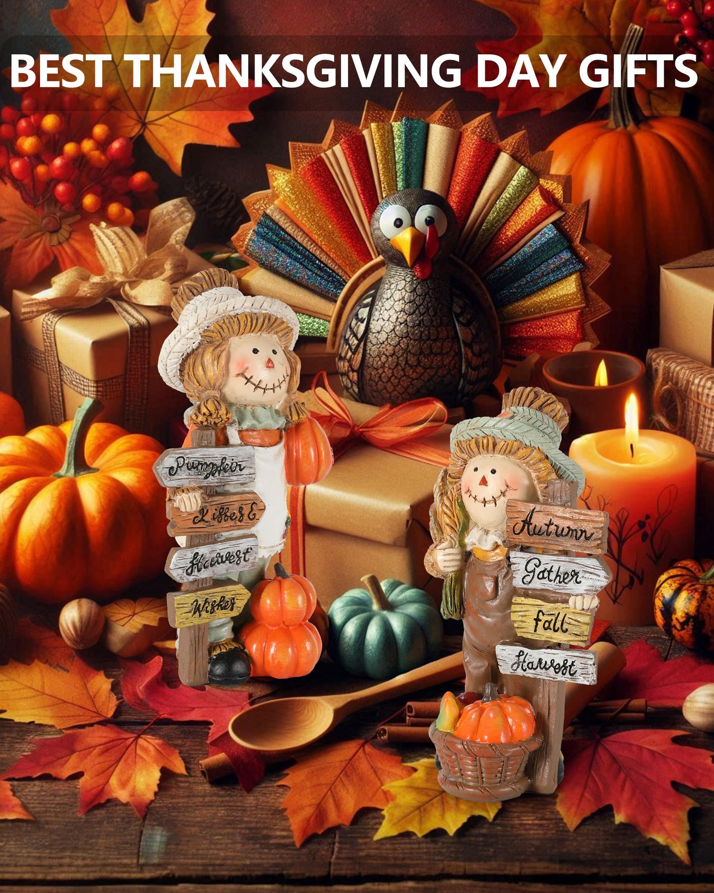 GoGnome 2-Pack Thanksgiving Scarecrow Figurines with Inspirational Autumn Plaques - Durable Resin 5.5'' Thanksgiving Table Decor - Fall Decorations Indoor Outdoor Harvest Gifts (Scarecrows)
