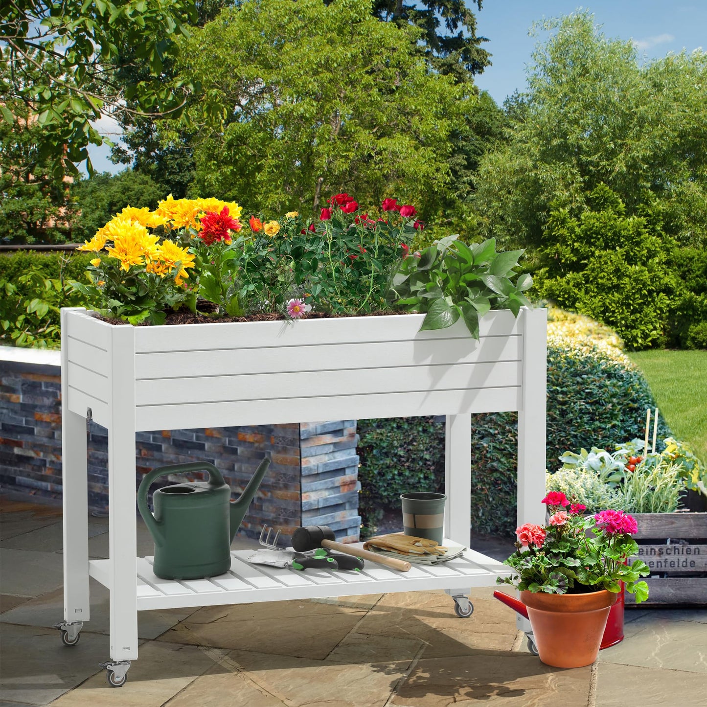 YITAHOME 43.3x17.7x34 in Elevated Garden Bed 2pcs, Outdoor Plastic Planter Box with Wheels, Legs, Drain Plug, and Storage Shelf for Plants, Vegetables, Flowers, Herbs, Grayish-White