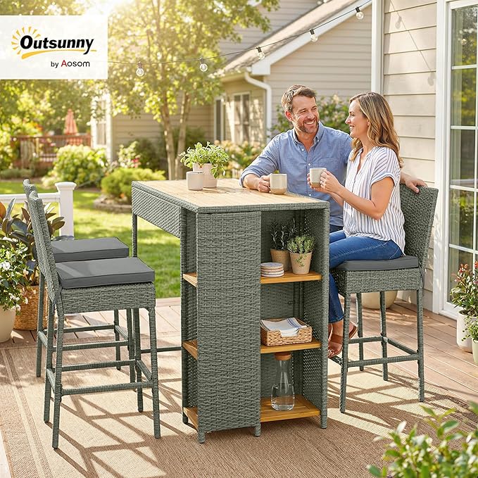 Outsunny 5 Piece Outdoor Bar Set, Wicker Outdoor High Top Table and Chairs