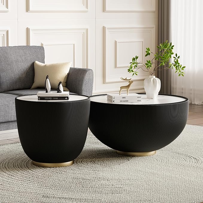 SSLine Bowl-Shape Coffee Table Set of 2 Modern Sintered Stone Top Nesting