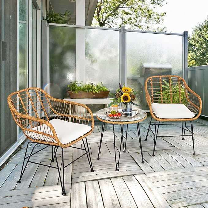 Tangkula 3 Pieces Patio Bistro Set, Rattan Conversation Set