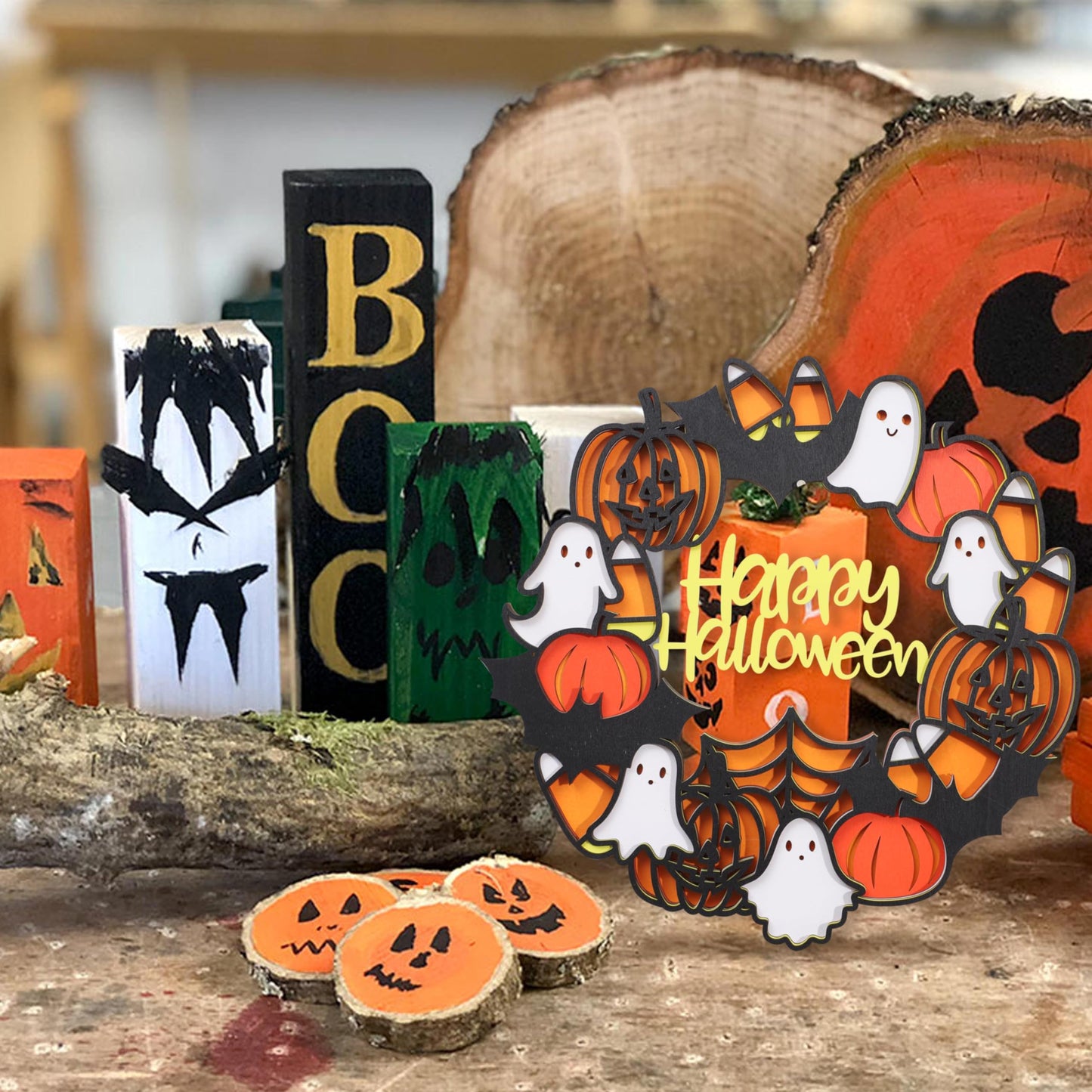 Happy Halloween Wooden Hanging Sign - Halloween Party Decorations, Halloween Ghost Sign, Bat Ghost Pumpkin Wreath, Halloween Garland, Wooden Wreath Wall Hanging Decor(HALLOWEEN SIGN)
