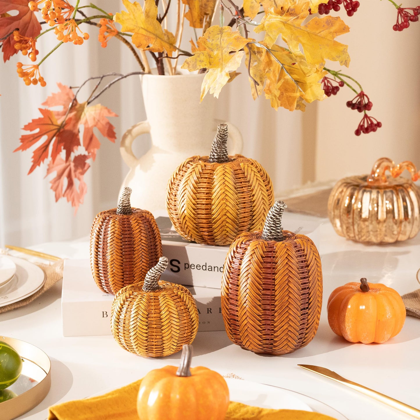 Valery Madelyn Thanksgiving Fall Decoration for Home Pumpkin Decor, 2pcs Resin Statue Artificial Rattan Pumpkins Figurine, Autumn Harvest Halloween Table Centerpieces, 6.2 inch