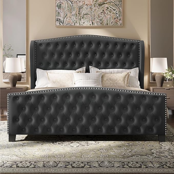 BRELTAM Upholstered King Size Bed Frame Velvet Tufted Bed Frame