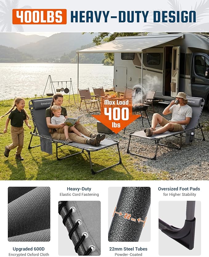 KingCamp Lounge Chair with face Hole & Canopy Shade, 400LBS Folding Portable