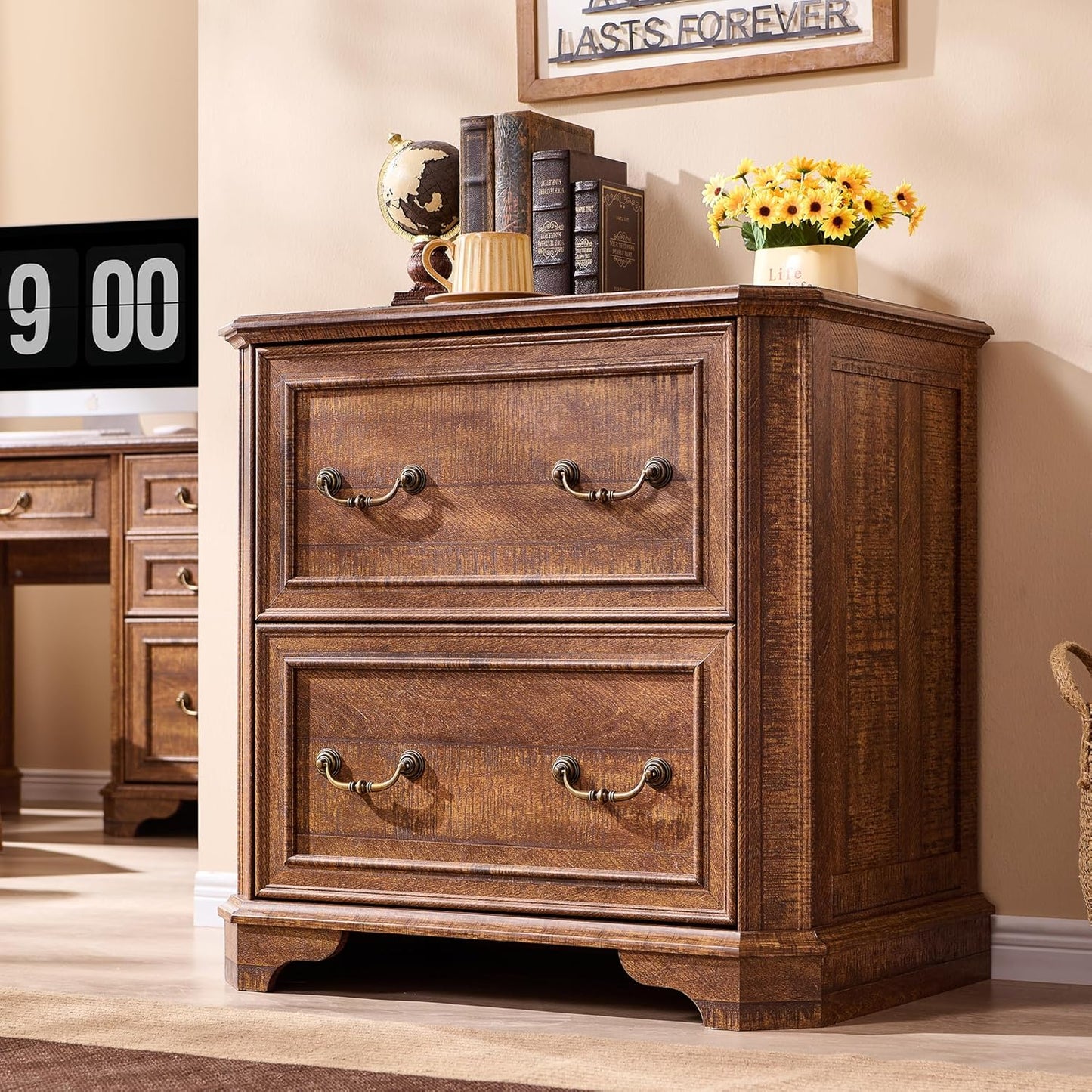 T4TREAM 2 Drawer File Cabinet Set of 2, 30" Wide Wooden Extended Desktop, Farmhouse Filing Cabinet with Smooth Rails, Holds Letter/Legal/A4, Hexagonal Design & Framed Drawer Fronts, Reclaimed Barnwood