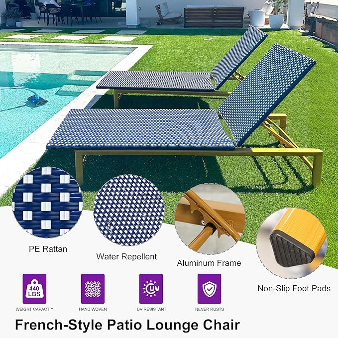 PURPLE LEAF Patio Chaise Lounge French Outdoor Lounger 2 Pieces Wood-Grain