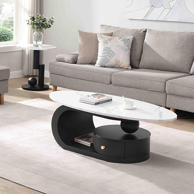 Modern Oval Coffee Table Set of 2, Faux Marble Coffee Table and Round End Table
