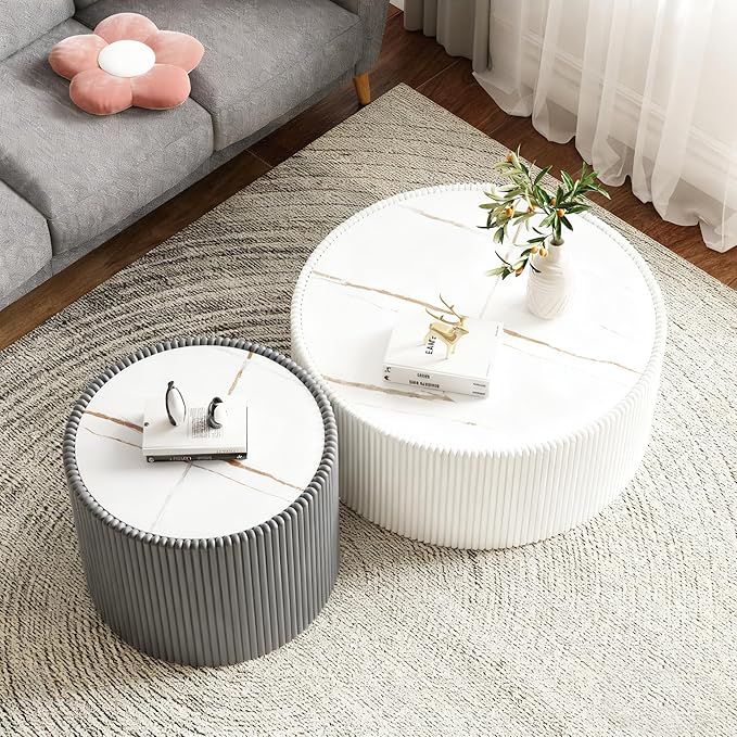 2-Piece Round Nesting Coffee Table Set, 29.52" Marble Coffee Table and End