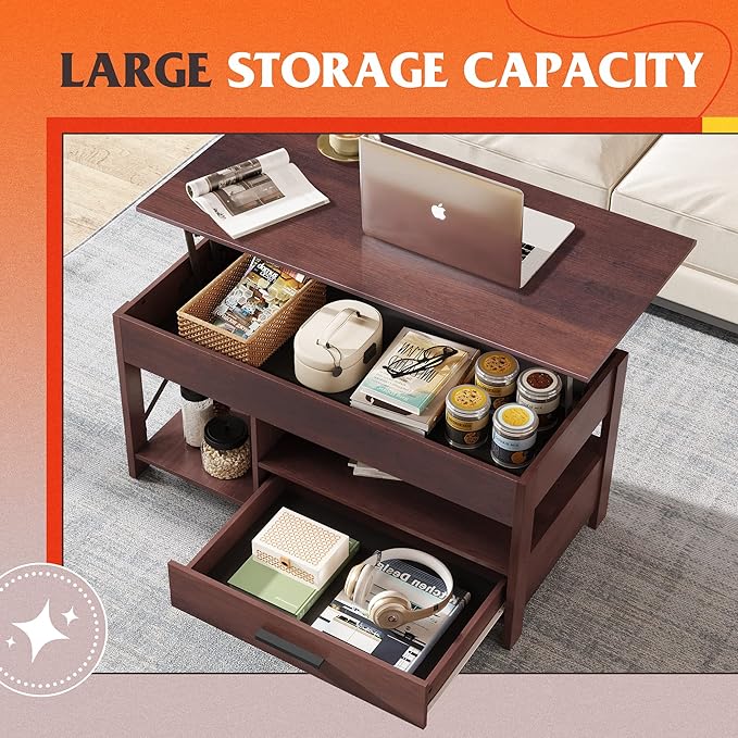 WLIVE Lift Top Coffee Table, Hidden Compartment, Wooden Lift Tabletop Center