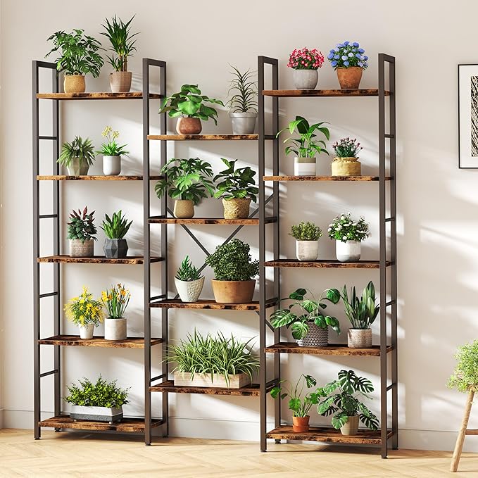 Shintenchi Triple Column 5 Tier Bookshelf, Industrial Large Bookcase Display