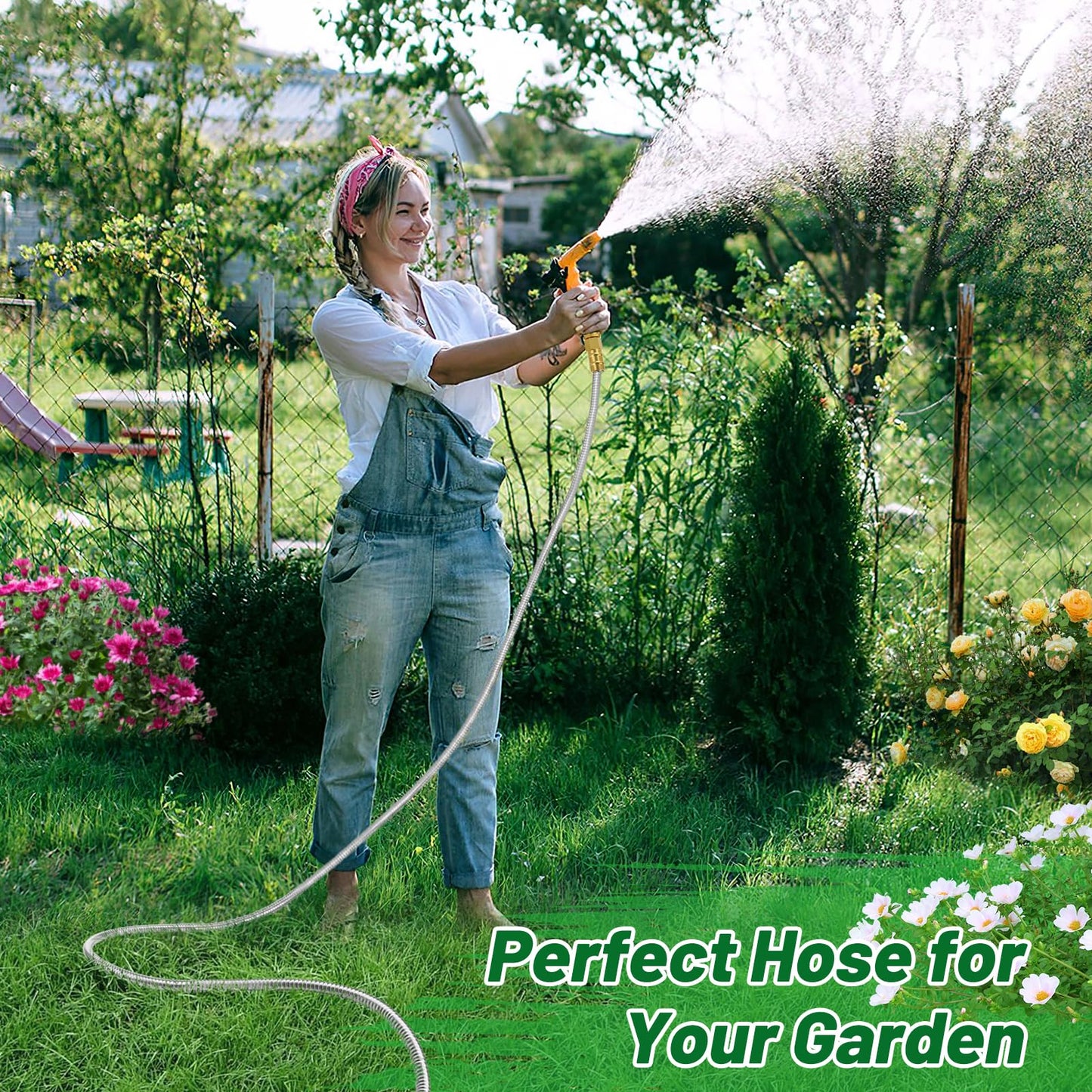 Short Garden Hose with Male to Female Connector - 10ft Metal Leakproof Leader Hose for Hose Reel, Heavy Duty 304 Stainless Steel Flexible Hose for Outdoor Garden Watering Car Pet Cleaning