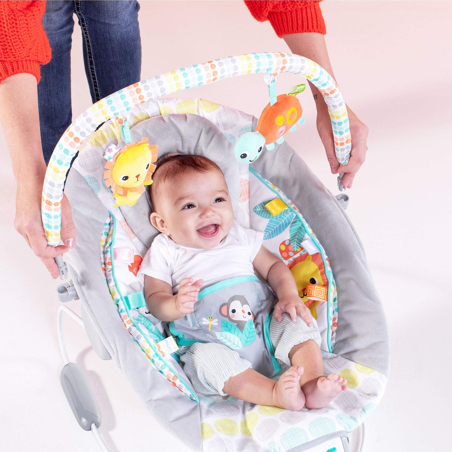 Bright Starts Comfy Baby Bouncer Soothing Vibrations Infant Seat - Taggies, Music, Removable -Toy Bar, 0-6 Months Up to 20 lbs (Whimsical Wild)