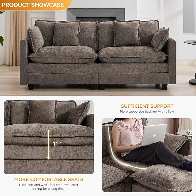 76″ Cloud Deep Seat Loveseat, Upholstered Chenille Modular 2-Seat Sectional