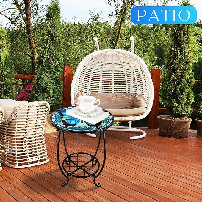 Cinnvoice Outdoor Side Table Round Small Mosaic Patio Accent Indoor End Plant