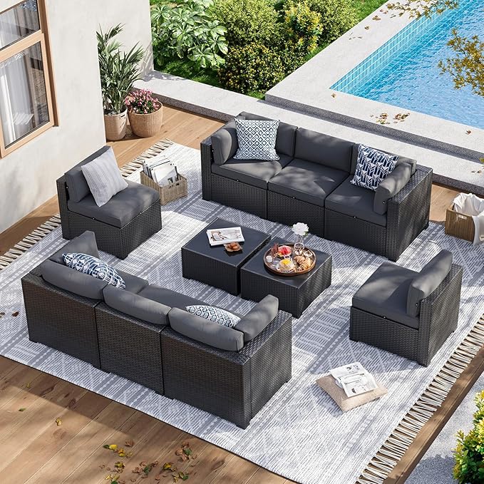 Aoxun 10 Piece Patio Furniture Set Wicker Rattan Patio Sectional Sofa Set