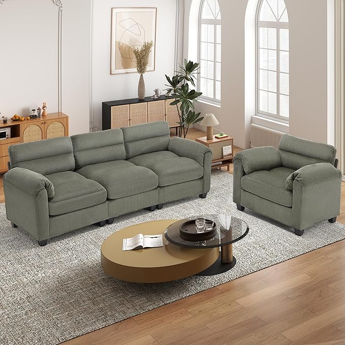 HAOMARKETS Corduroy Sofa Set, Upholstered Armchair and 3-Seater Couch