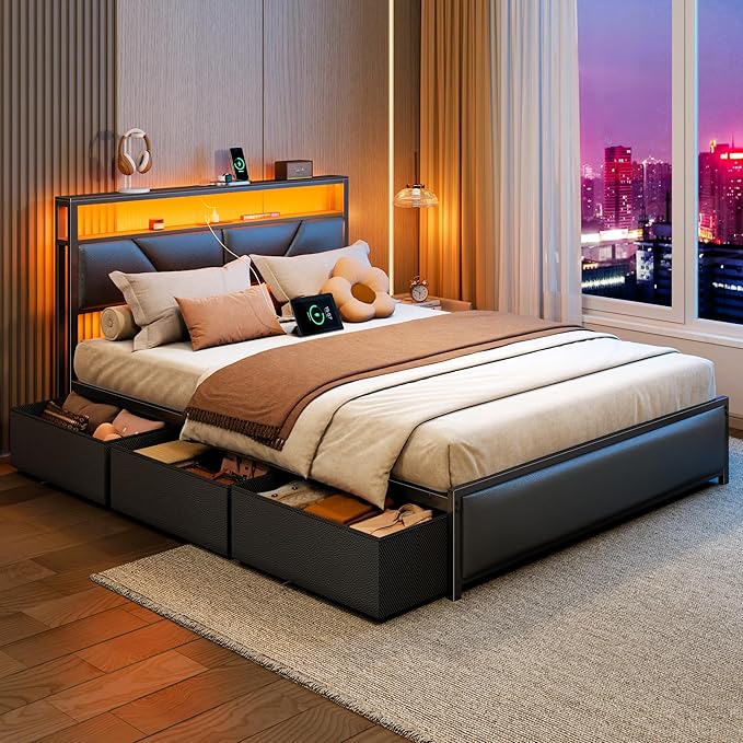 OURPIC Queen Bed Frame, 2-Tier Storage Headboard & 6 Fabric Drawers, PU Leather