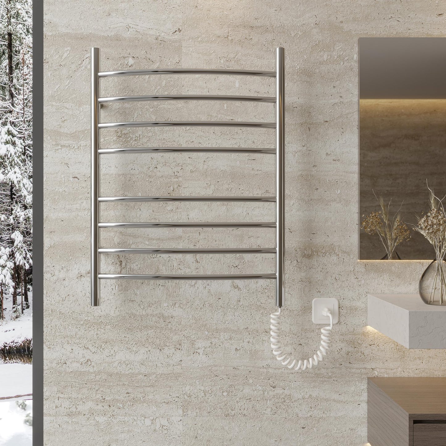 HEATGENE Towel Warmer 8 Bar Plug-in Curved Bath Towel Heater Towel Warmer for Bathroom Plug-in Drying Rack Brushed
