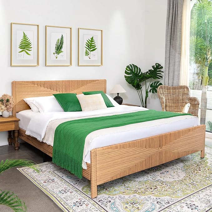 Yechen Hand-Woven PE Rattan King Bed Frame