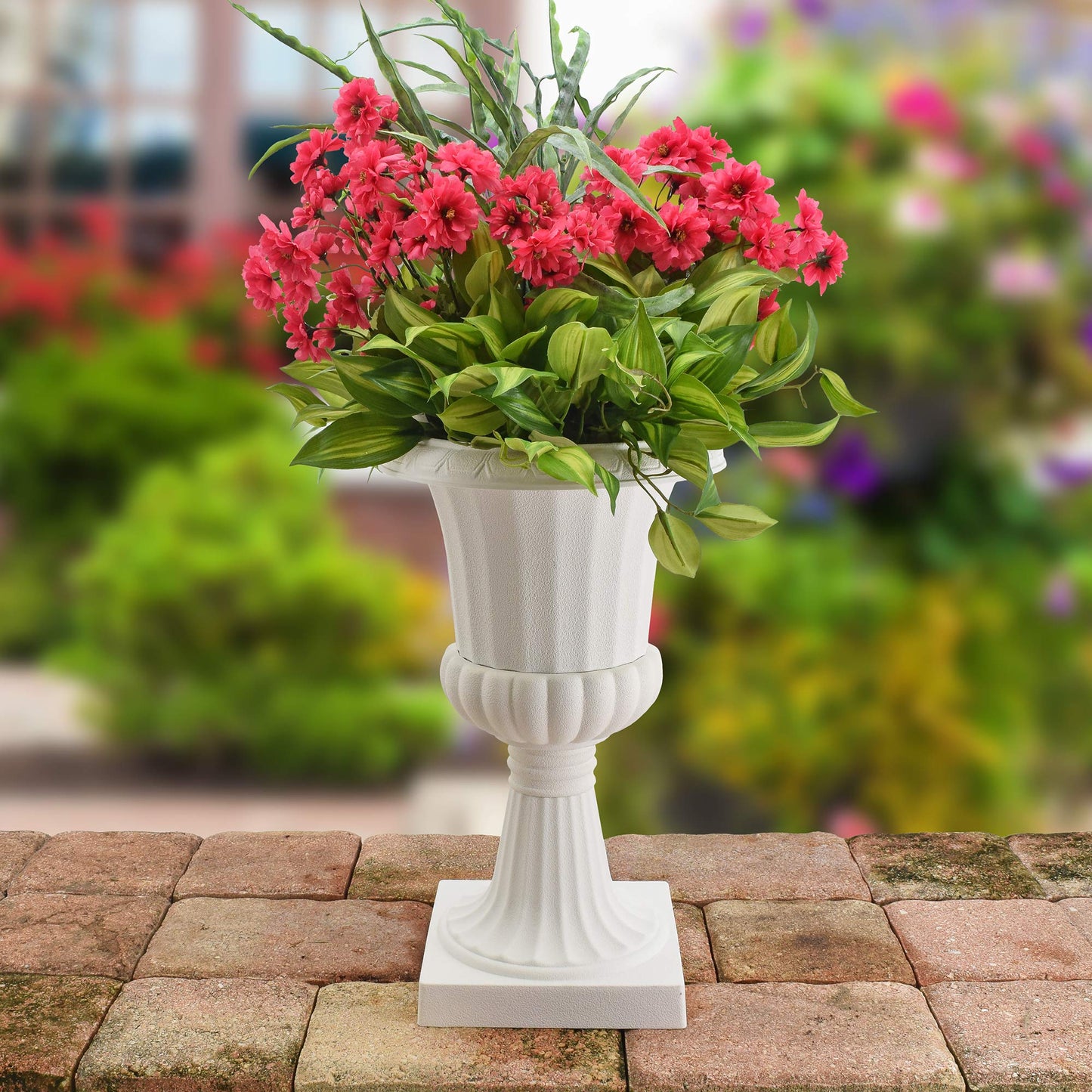 Arcadia Garden Products Plastic Garden Pedestal Urn, Set of 2 Classic Decorative Garden Pot Planter for Indoor and Outdoor Plants, 10” x 17”, White