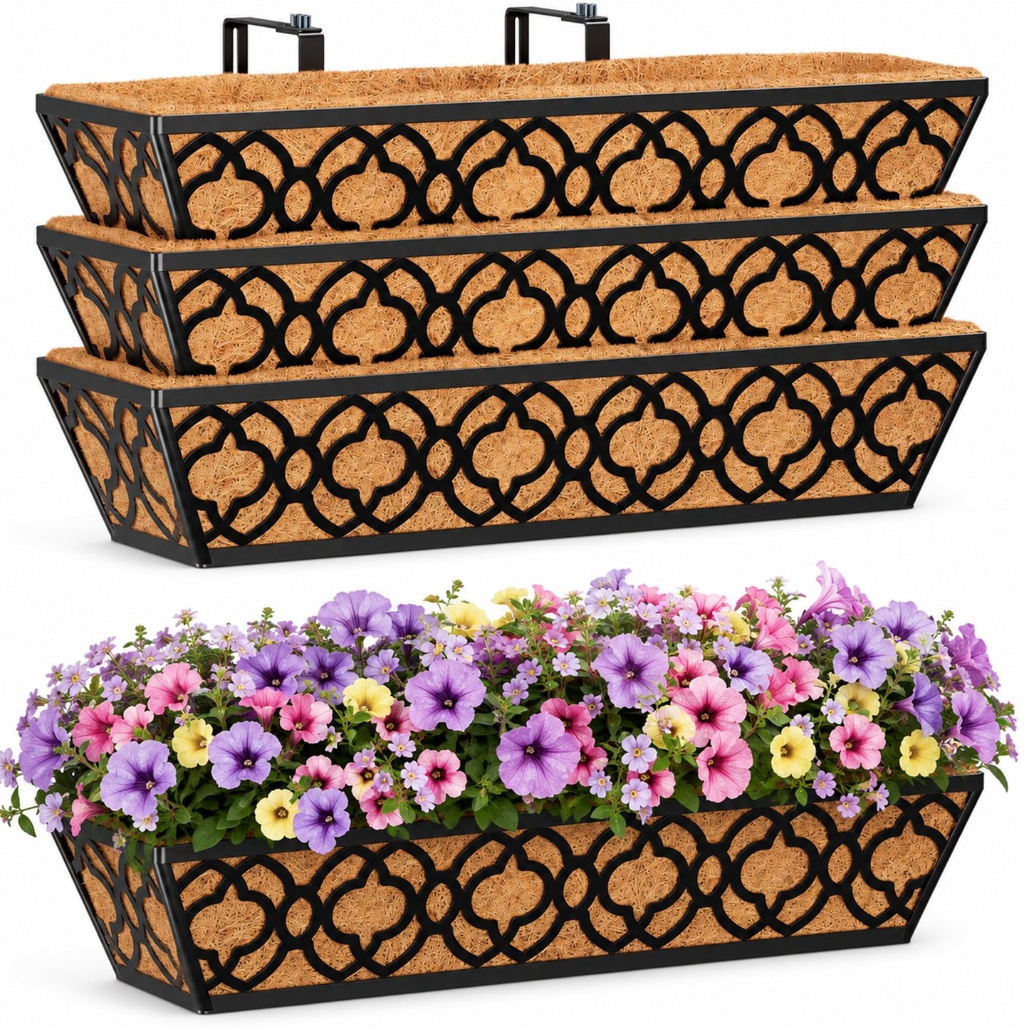 HFHOME 24 Inch Deck Railing Planter Box with Horse Trough Coco Liner, 24" Window Boxes with Coconut Coir Liner, Black Metal Hanging Flower Planter Basket for Outdoor Indoor Lawn - 4 Pack