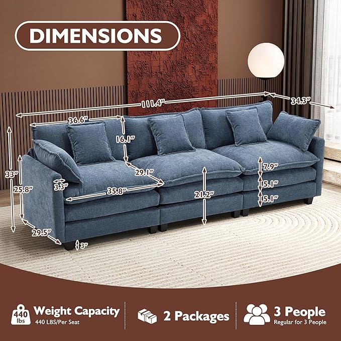 Ihanherry 111.4 Inch 3-Seater Cloud Sofa, Modular Sectional Couch, Modern Deep