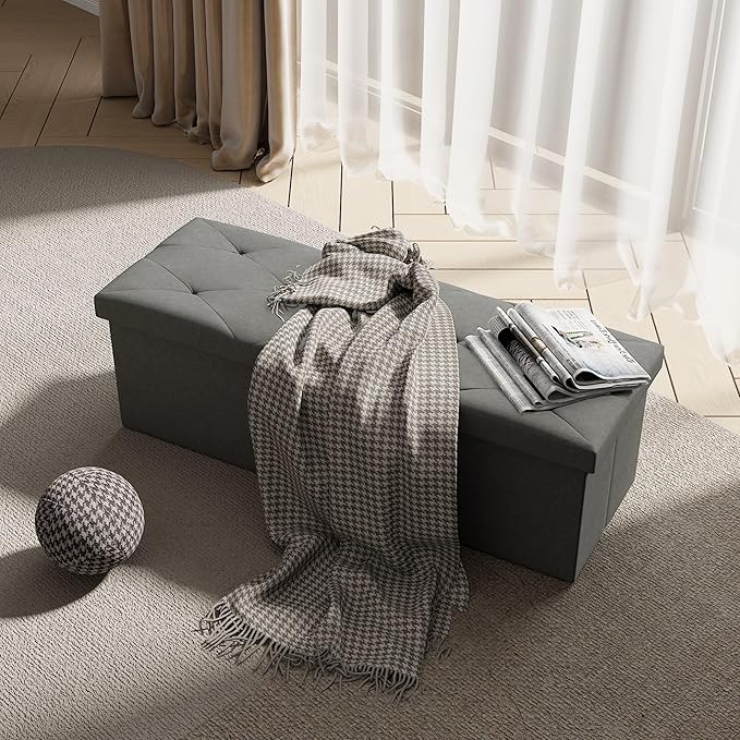 VECELO 43'' Folding Storage Ottoman Bench, Storage Chest, Linen Fabric Foot