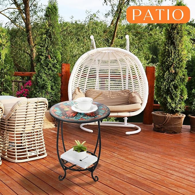 Cinnvoice Outdoor Side Table Round Small Mosaic Patio Accent Indoor End Plant