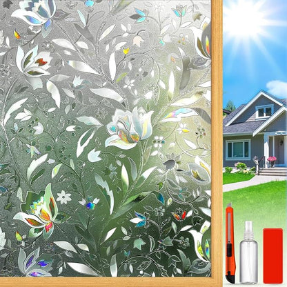 Rainbow Window Privacy Film Decorative, Stained Glass Tint for Home, 3D Decals Clings for Glass Door, Static Cling 29.5" by 78.74"