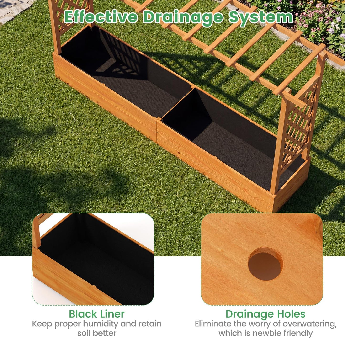 Giantex Raised Garden Bed with Trellis & Hanging Roof, Wood Planter Box with Bottom and Drainage Holes, Freestanding Garden Planter for Flower Vegetable Fruit Herb Climbing Vines (79" x 17.5" x 45")